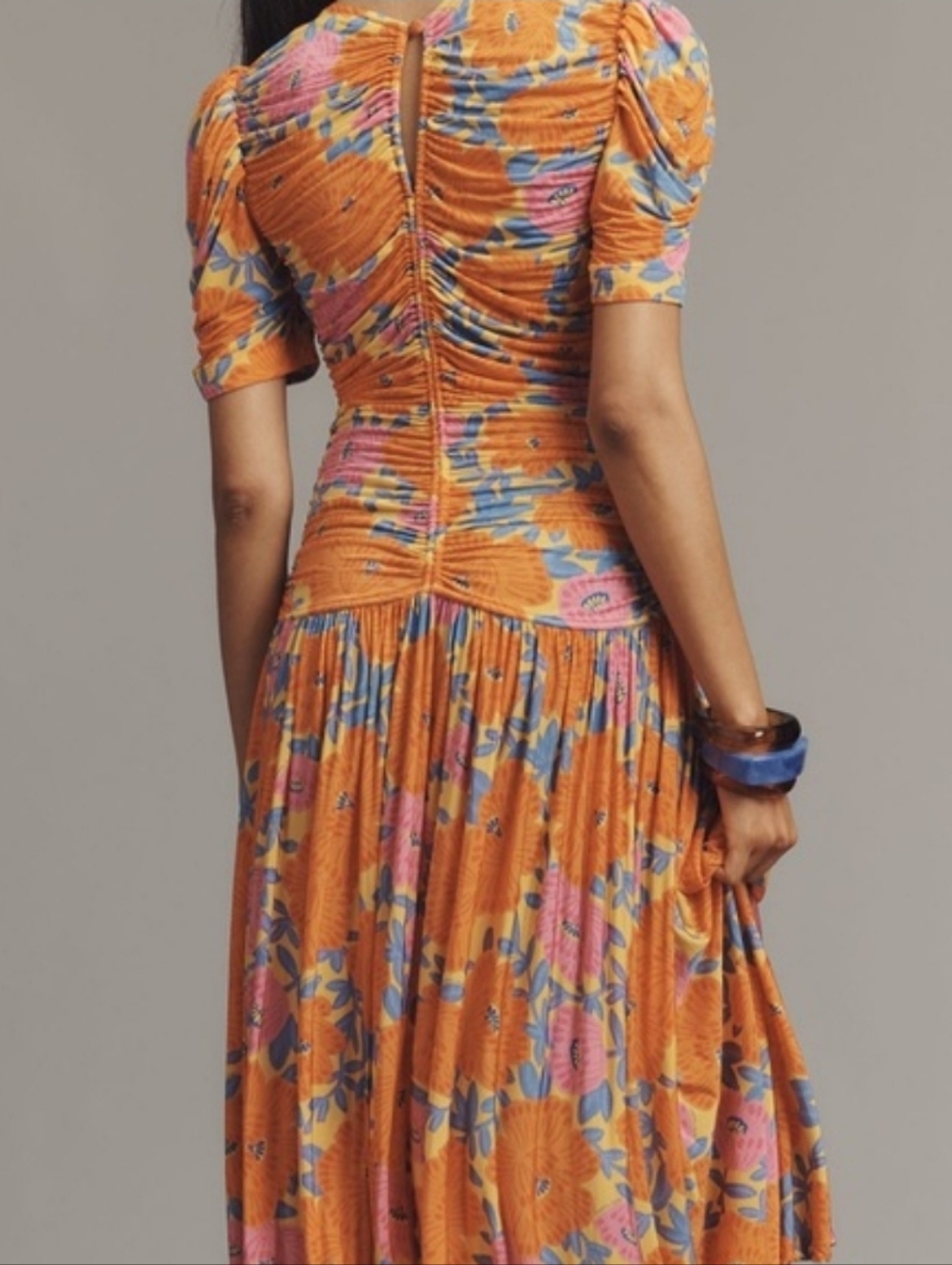 Farm Rio x Anthro Orange Pink Blue Floral Ruched Knit Maxi Dress Womens XL NEW! - Picture 2 of 13